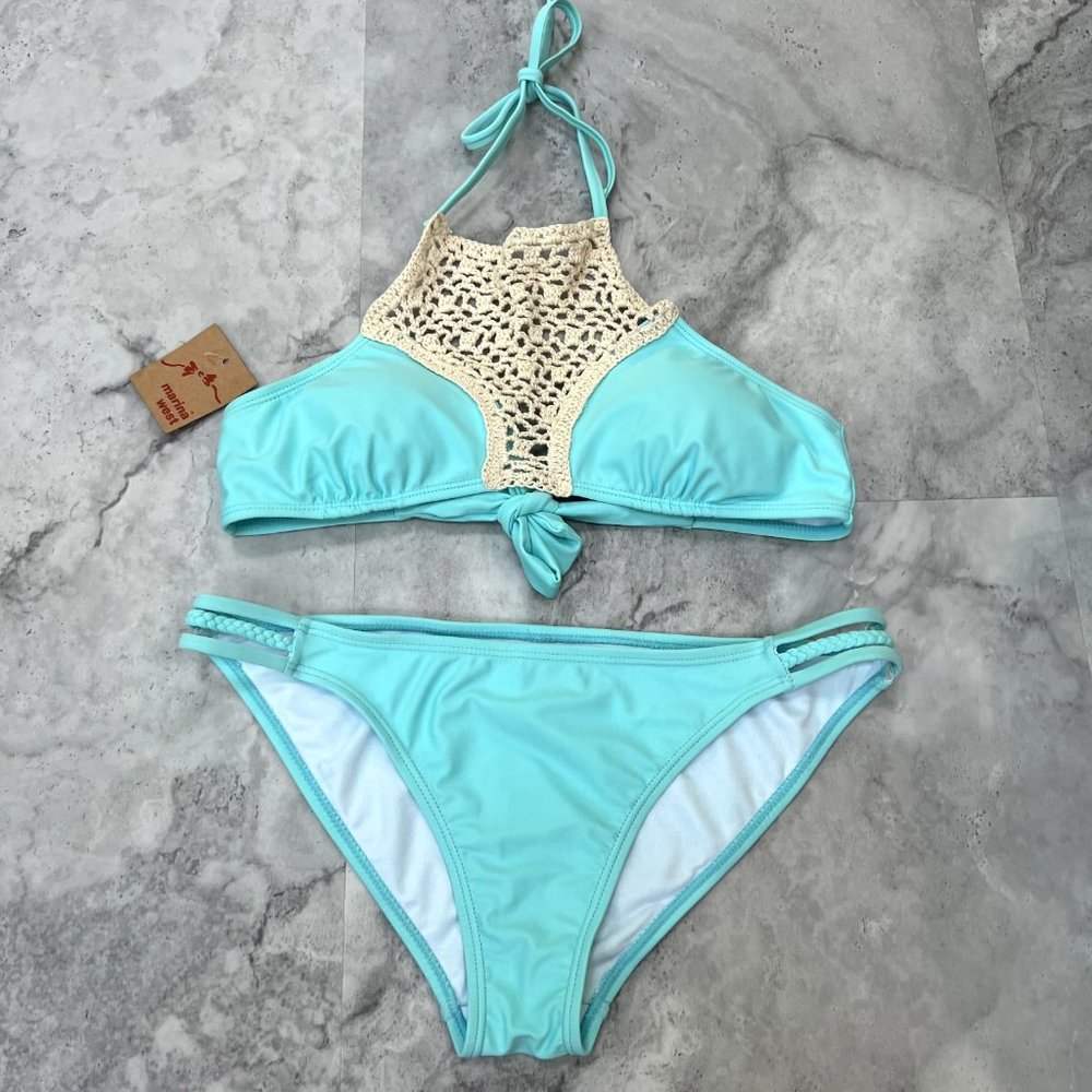 Marina West Womens Size Medium M Teal Bikini Set‎ 2 Piece Crochet Lace
